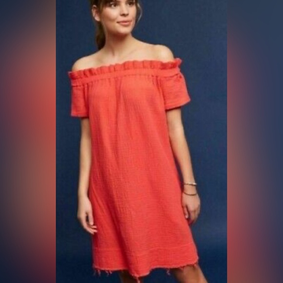 Amadi Anthropologie Maella Off-The-Shoulder Gauze Dress Coral 100% Cotton - Picture 1 of 11